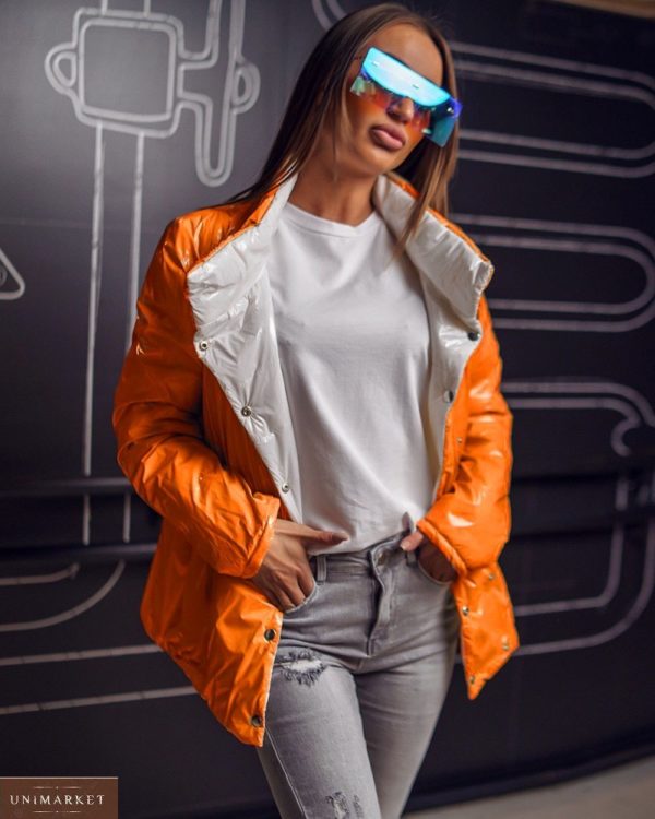 Купити сірий з помаранчевим жіночу подовжену вільну двосторонню куртку (розмір 42-60) дешево