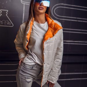 Заказать оранжево-серую женскую удлиненную свободную двухстороннюю куртку (размер 42-60) выгодно