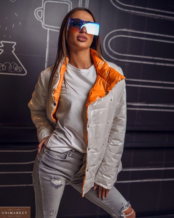 Замовити оранжево-сіру жіночу подовжену вільну двосторонню куртку (розмір 42-60) вигідно