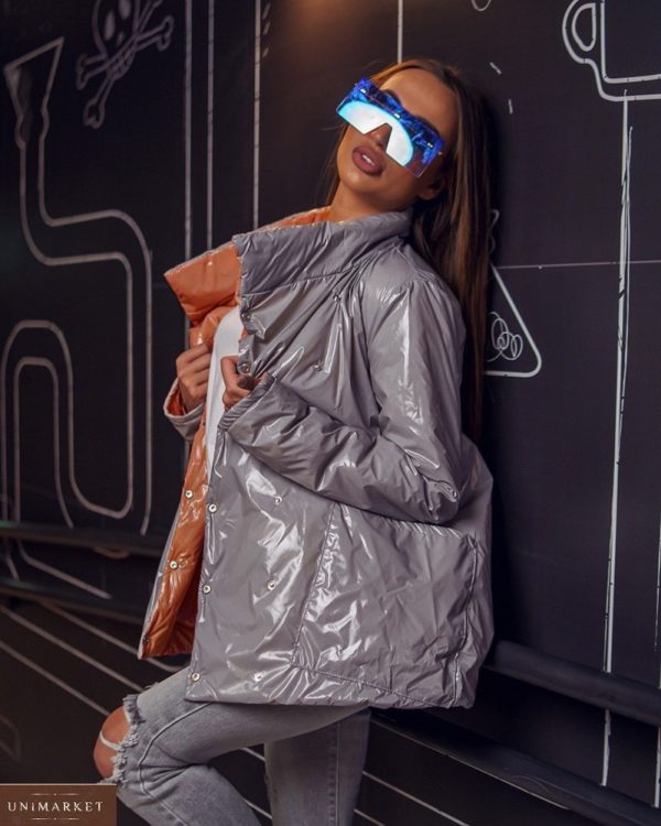 Заказать карамельно-серую женскую удлиненную свободную двухстороннюю куртку (размер 42-60) в Днепре, Львове, Киеве