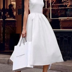 Заказать женское белое платье миди из хлопка с пышной юбкой (размер 42-48) по скидке
