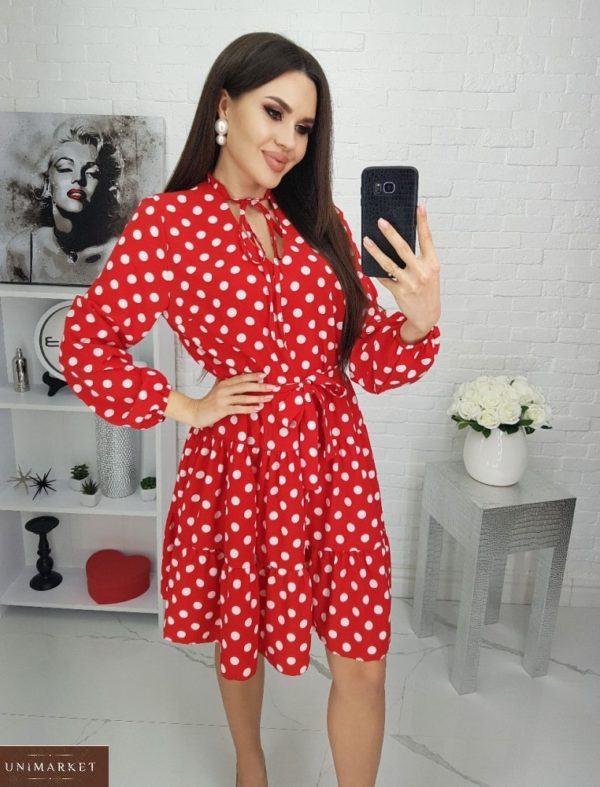 Заказать красное женское платье в крупный горох с завязкой у шеи (размер 42-48) в Украине
