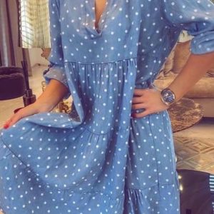 Купить онлайн женское летнее джинсовое платье в горошек (размер 42-58) голубое в Украине