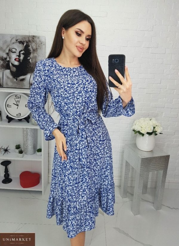Замовити блакитне жіноче принтоване плаття з довгим рукавом (розмір 42-48) в Києві, Дніпрі