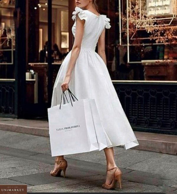 Купить женское белое платье миди из хлопка с пышной юбкой (размер 42-48) недорого