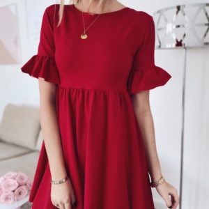 Купить красное женское базовое платье с воланами из костюмки дешево