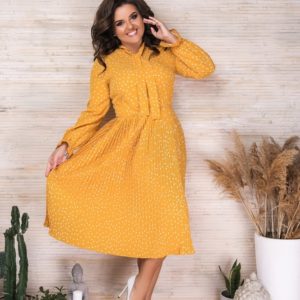Придбати жовте жіноче плісироване плаття в горошок з довгим рукавом (розмір 42-56) в Україні