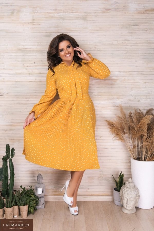 Приобрести желтое женское плиссированное платье в горошек с длинным рукавом (размер 42-56) в Украине