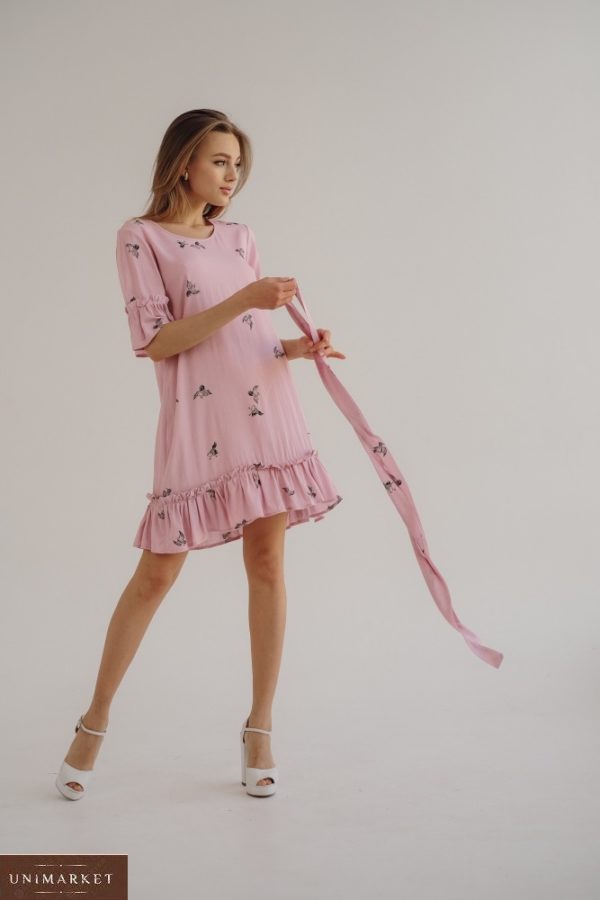 Заказать розовое женское принтованное свободное платье с воланами (размер 42-56)в Киеве, Львове, Харькове