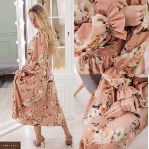 Заказать онлайн пудра женское нежное платье миди с длинным рукавом (размер 42-52) недорого