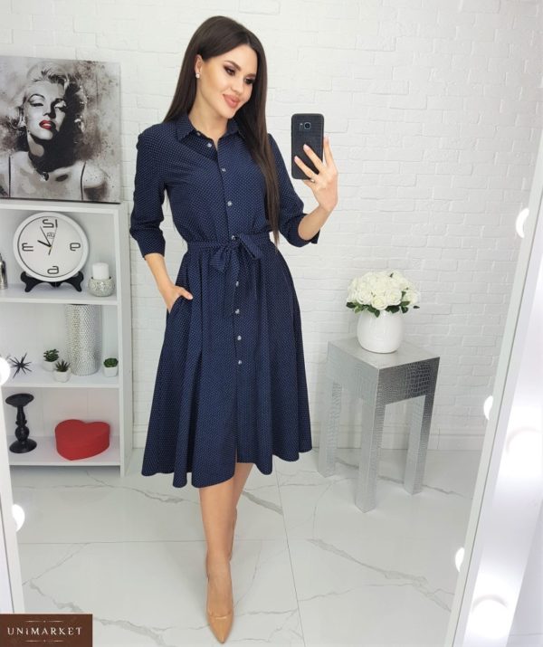 Замовити синє жіноче плаття в горошок з кишенями (розмір 42-48) за низькими цінами