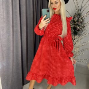 Купити онлайн червоне жіноче плаття в горошок з довгим рукавом і воланами (розмір 42-60) в інетрнет-магазині
