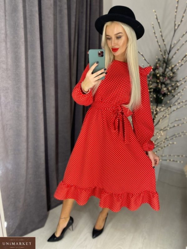Купити онлайн червоне жіноче плаття в горошок з довгим рукавом і воланами (розмір 42-60) в інетрнет-магазині
