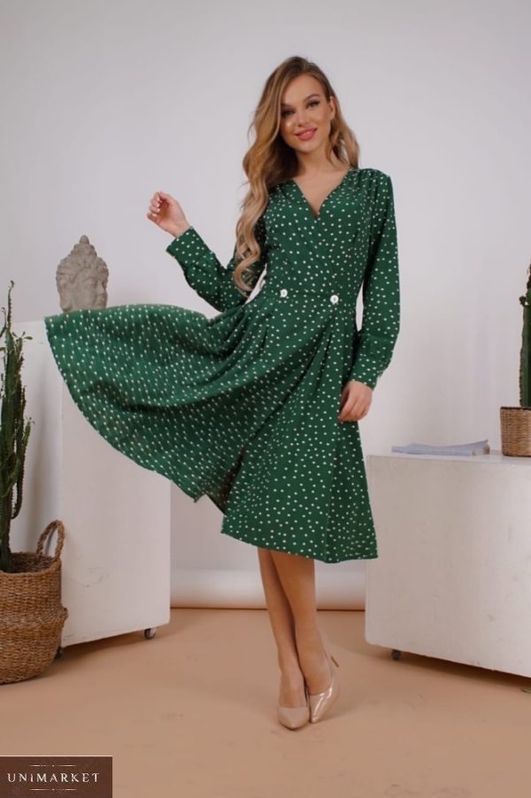 Замовити зелене жіноче плаття в горошок на запах з гудзиками (розмір 42-48) в Україні