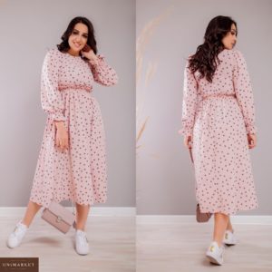 Купить розовое женское закрытое платье в горошек с длинным рукавом (размер 42-52) по скидке