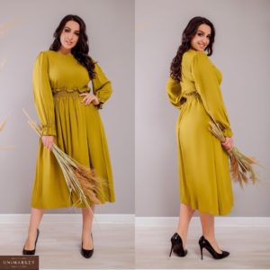 Заказать оливковое женское однотонное платье из штапеля с длинным рукавом (размер 42-52) в Одессе