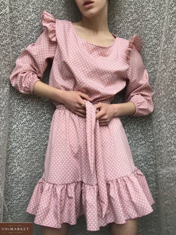 Заказать розовое женское платье в горошек на поясе с оборками на рукавах в Украине