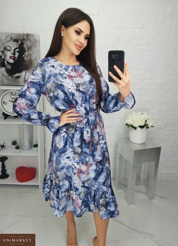Купити синє жіноче принтоване плаття з довгим рукавом (розмір 42-48) вигідно
