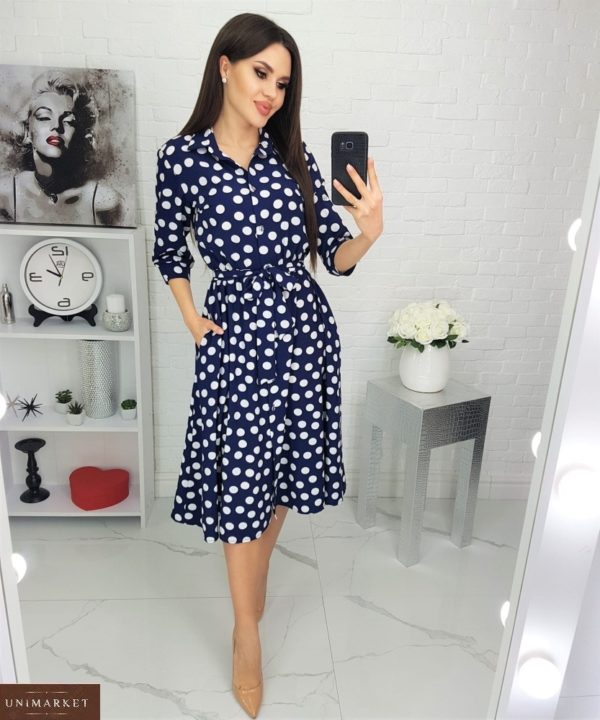 Купити синє жіноче плаття в горошок з кишенями (розмір 42-48) в Україні