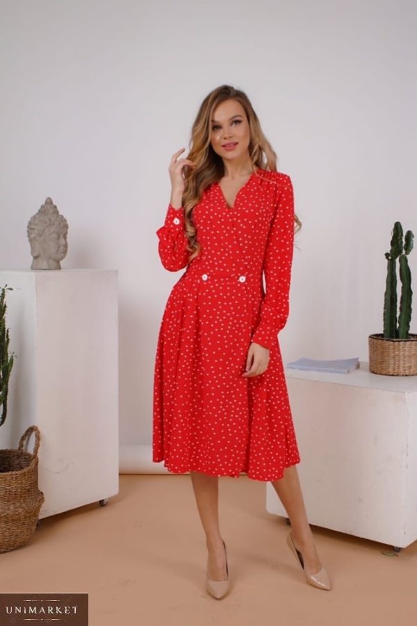 Купить красное женское платье в горошек на запах с пуговицами (размер 42-48) по скидке
