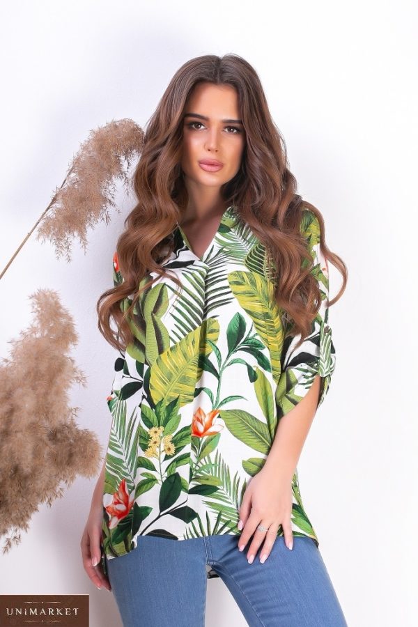Замовити тропічну жіночу лляну сорочку вільного крою з принтом (розмір 42-56) недорого