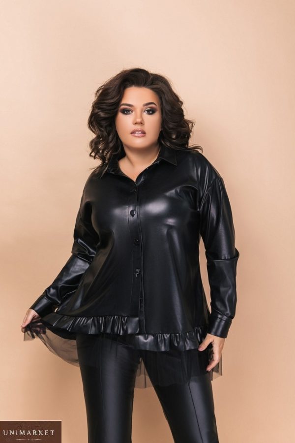 Замовити чорну жіночу туніку-сорочку з еко шкіри з довгим рукавом (розмір 50-60) в Україні