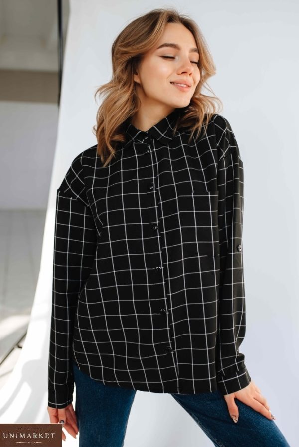 Замовити чорну жіночу сорочку в тонку клітку зі спущеною лінією плеча (розмір 46-52) за низькими цінами
