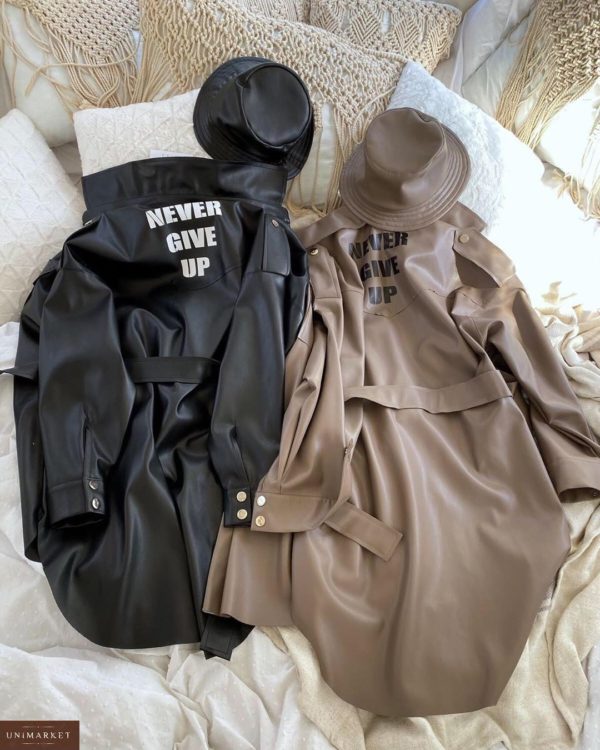 Замовити онлайн чорну і мокко жіночу подовжену сорочку з еко шкіри з поясом за вигідними цінами