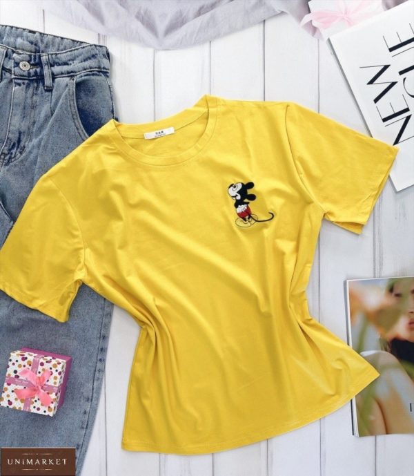 Купить желтую женскую свободную футболку с вышивкой Микки Маус недорого