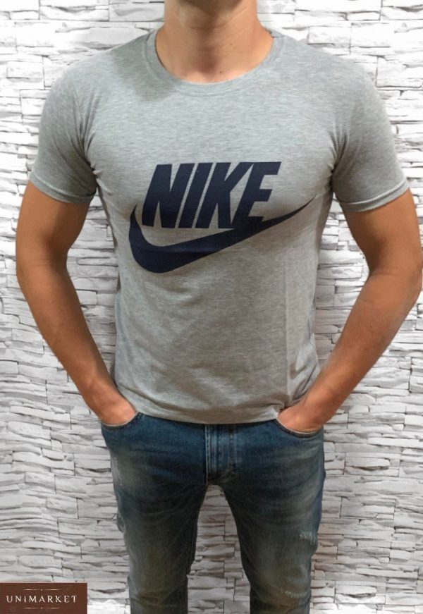 Приобрести серую мужскую футболку с надписью Nike с круглым вырезом (размер 46-54) в подарок дешево