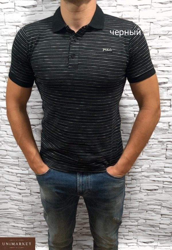 Придбати чорну чоловічу смугасту футболку поло (розмір 46-54) недорого