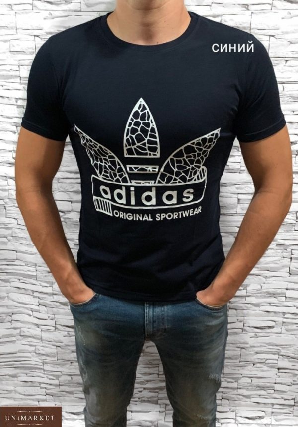 Замовити онлайн синю чоловічу футболку з емблемою Adidas з круглим вирізом (розмір 46-54) в Одесі, Києві
