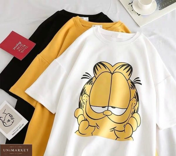 Купити білу, чорну, жовту жіночу футболку з принтом кіт Гарфілд недорого