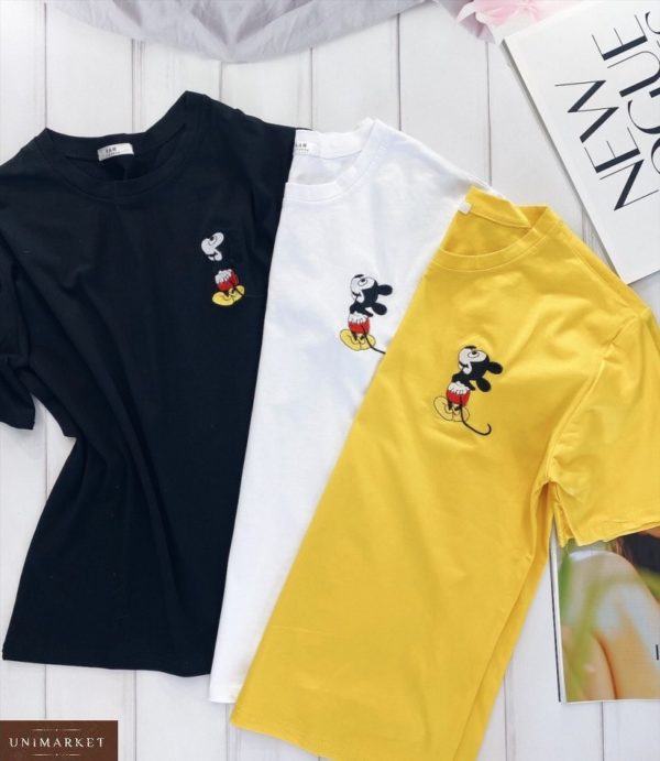 Заказать черную, желтую, белую женскую свободную футболку с вышивкой Микки Маус выгодно