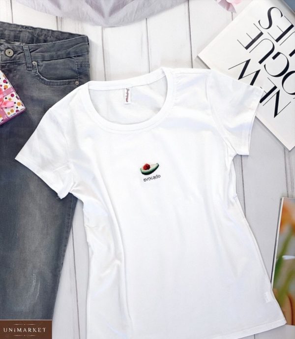 Замовити жіночу білу футболку з вишитим принтом з авокадо за низькими цінами