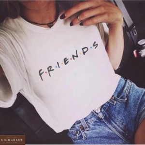 Приобрести белую женскую хлопковую футболку с надписью Friends по скидке