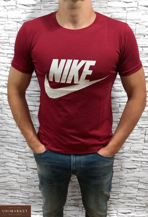 Купить бордовую мужскую футболку с надписью Nike с круглым вырезом (размер 46-54) по скидке