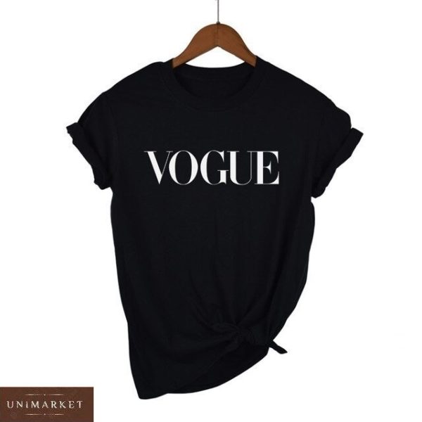 Заказать черную женскую футболку из хлопка с надписью Vogue в Украине