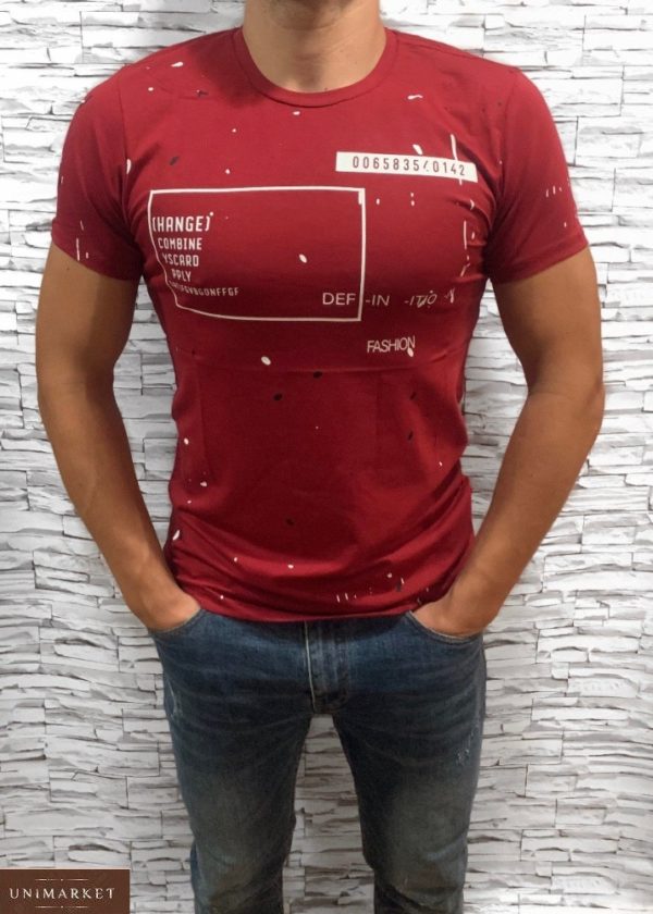 Заказать бордовую мужскую футболку с принтом из хлопка (размер 48-54) недорого