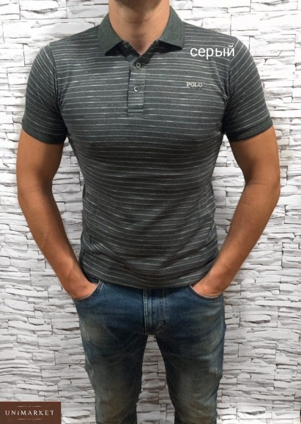 Купить серую мужскую полосатую футболку поло (размер 46-54) в интернете по скидке