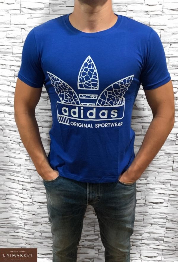 Замовити синю чоловічу футболку з емблемою Adidas з круглим вирізом (розмір 46-54) в Україні