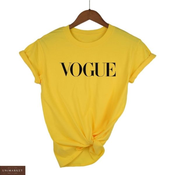 Заказать желтую женскую футболку из хлопка с надписью Vogue в Одессе, Киеве. Львове, Харькове, Днепре