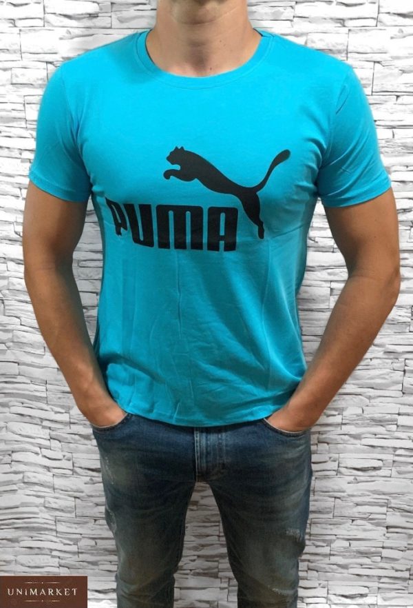 Заказать онлайн голубую мужскую футболку Puma с круглым вырезом (размер 46-54) недорого
