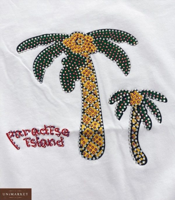 Придбати жіночу білу футболку з вишитим принтом пальми за спеціальними пропозиціями
