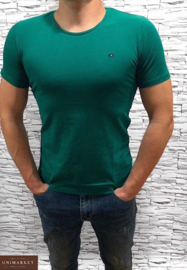 Купить зеленую мужскую базовую футболку с круглым вырезом (размер 48-54) выгодно