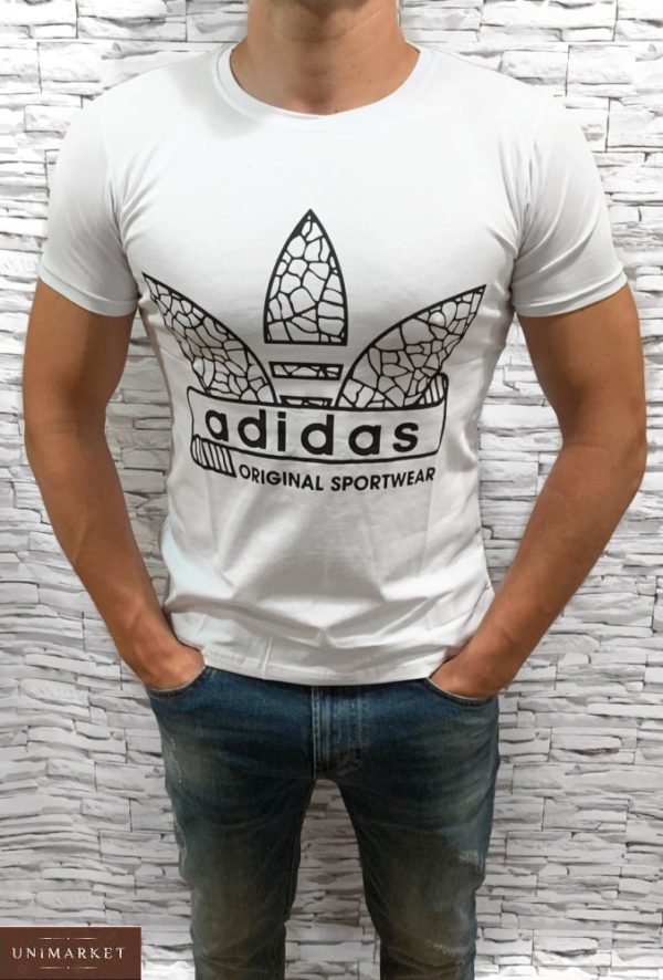 Купить белую мужскую футболку с эмблемой Adidas с круглым вырезом (размер 46-54) недорого