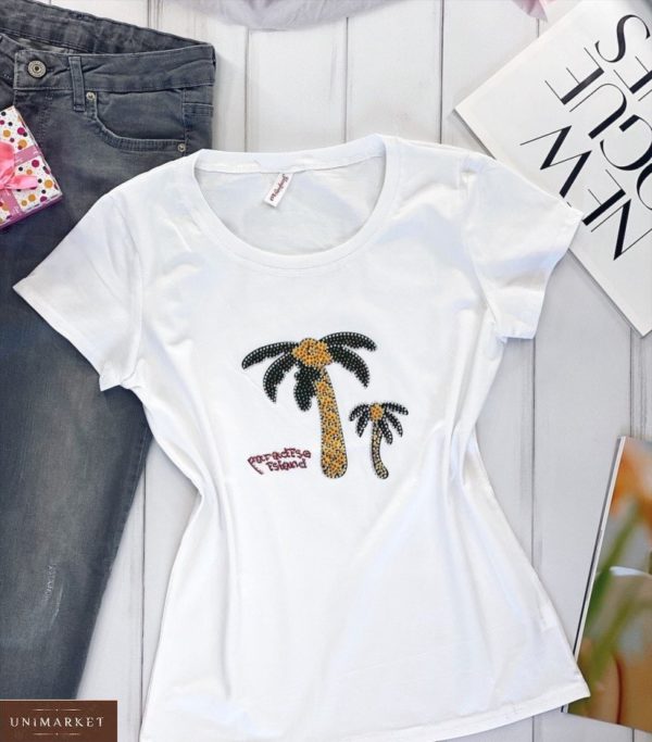 Заказать женскую белую футболку с вышитым принтом пальмы недорого