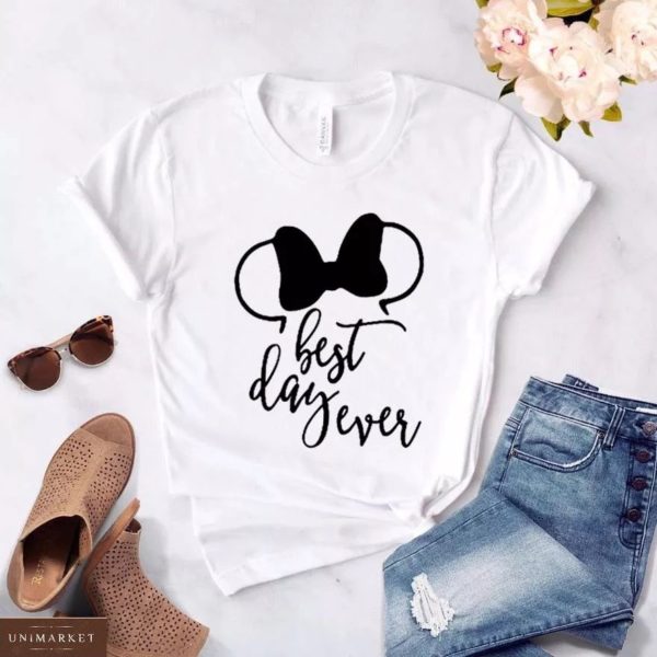 Придбати білу жіночу футболку з бавовни з написом в стилі Disney за низькими цінами