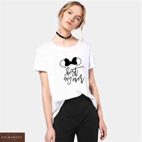 Купить белую женскую футболку из хлопка с надписью в стиле Disney в Украине