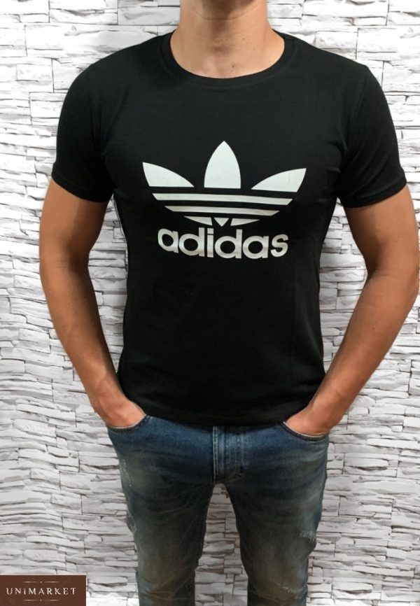 Купить черную мужскую футболку с эмблемой Adidas с круглым вырезом (размер 46-54) дешево